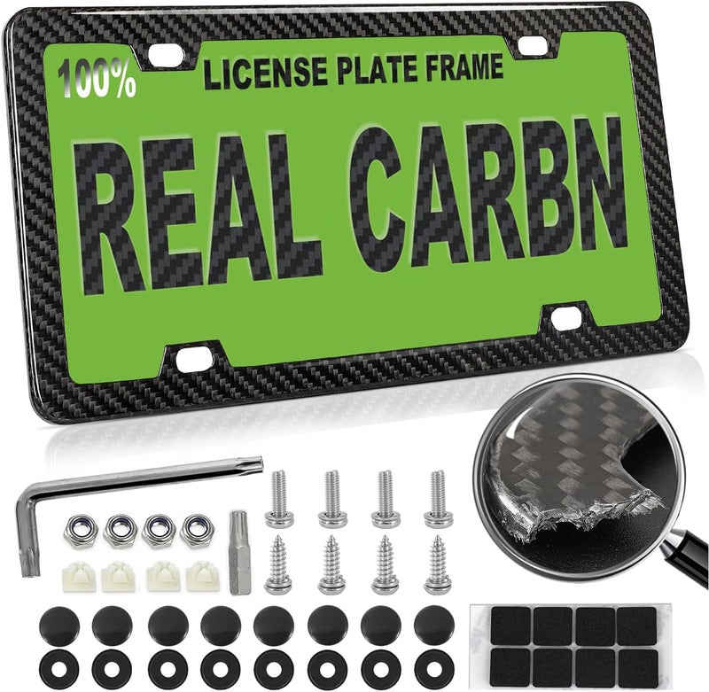 HIBRONGO Real Carbon Fiber License Plate Frame 100% Pure Carbon Fiber Frame Black License Plate Holder Cover Universal Car Tag Frame for Men/Women Gift - 1 Pack 4 Hole - Image 1